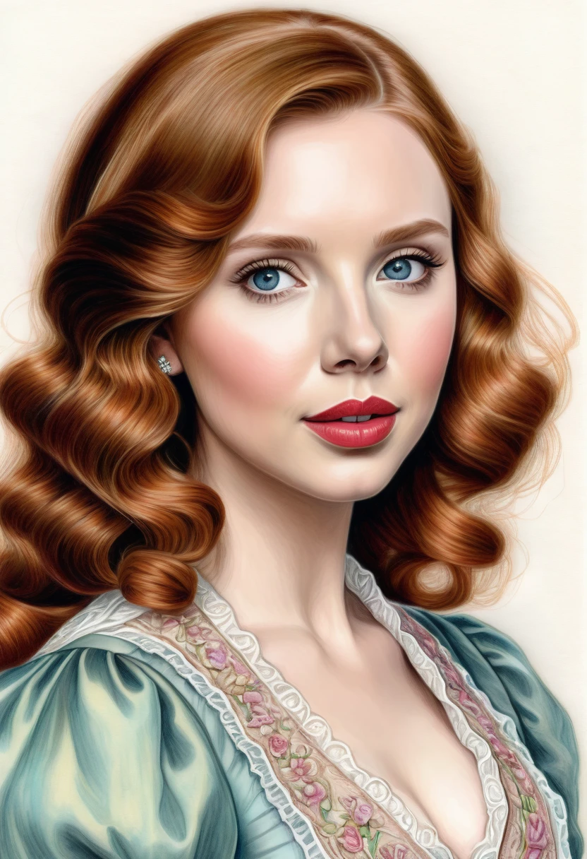 A colored pencil sketch of a beautiful victorian women who is a mash up of Molly Quinn, Scarlett Johanson and Alison Brie.