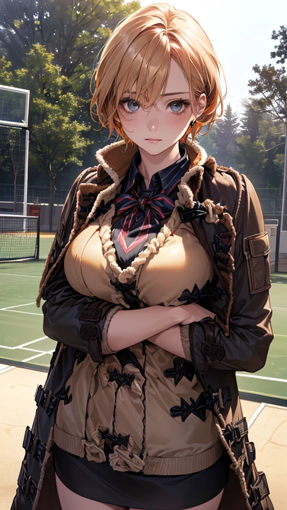 (masterpiece:1.2, Highest quality), (Realistic, photoRealistic:1.4), Beautiful illustrations, (Natural Side Lighting, Cinema Lighting), Browsing Caution,
View your viewers, (Face Focus, Upper Body), Cowboy Shot, 1 Girl, Japanese, high school girl, Perfect Face, (Perfect Anatomy:1.4), Cute and symmetrical face, Shiny skin,
(short hair:1.2, Straight hair:1.2, Blonde), Hair between the eyes, blue eyes, Big eyes, Long eyelashes, (Large Breasts), thin,
Beautiful Hair, Beautiful Face, Beautiful attention to detail, Beautiful clavicle, Beautiful body, Beautiful breasts, Beautiful thighs, Beautiful feet, Beautiful Hands,
(Detailed cloth texture, Open Court, Dark brown duffle coat, Orange argyle sweater:1.46, Black mini skirt with stripes :1.4, Brown long boots:1.56), Emphasize the legs,
(Beautiful views), winter, evening, (street tree, Urban area, it's snowing), walking, (Cute smile, Upward glance, Part your lips),