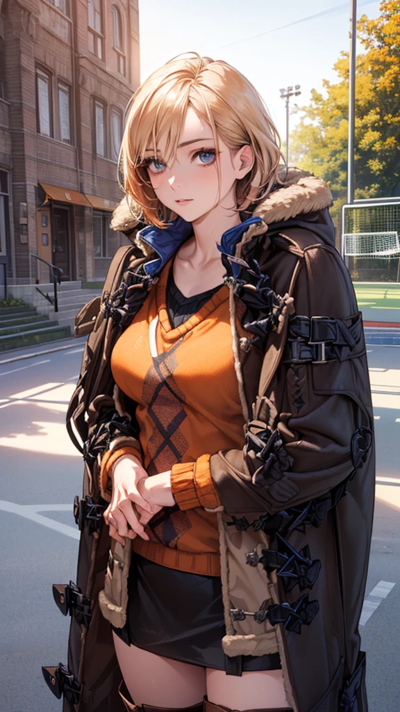 (masterpiece:1.2, Highest quality), (Realistic, photoRealistic:1.4), Beautiful illustrations, (Natural Side Lighting, Cinema Lighting), Browsing Caution,
View your viewers, (Face Focus, Upper Body), Cowboy Shot, 1 Girl, Japanese, high school girl, Perfect Face, (Perfect Anatomy:1.4), Cute and symmetrical face, Shiny skin,
(short hair:1.2, Straight hair:1.2, Blonde), Hair between the eyes, blue eyes, Big eyes, Long eyelashes, (Large Breasts), thin,
Beautiful Hair, Beautiful Face, Beautiful attention to detail, Beautiful clavicle, Beautiful body, Beautiful breasts, Beautiful thighs, Beautiful feet, Beautiful Hands,
(Detailed cloth texture, Open Court, Dark brown duffle coat, Orange argyle sweater:1.46, Black mini skirt with stripes :1.4, Brown long boots:1.56), Emphasize the legs,
(Beautiful views), winter, evening, (street tree, Urban area, it's snowing), walking, (Cute smile, Upward glance, Part your lips),