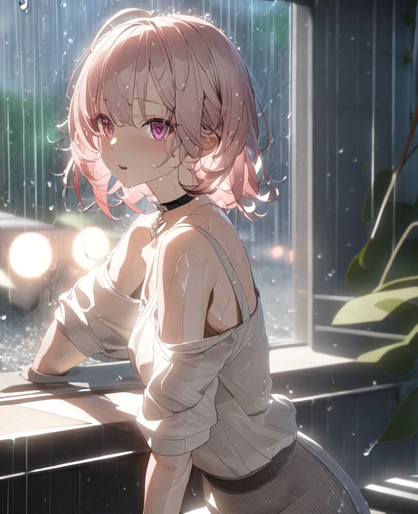 masterpiece, best quality, highly detailed, high resolution, expensive resolution, high resolution, 4K, 8k, Unity 8k wallpaper, highly detailed CG, masterpiece, 2D, 3D, beautiful details, depth, fine texture, best quality: 1.3, perfect focus, crisp skin, him, rain, wet, wet clothes: 1.2
Very cute anime girl, brown hair short twin tails, heart-shaped choker, idol, name is Mei, (bra visible through white blouse wet from pouring rain), expensive brown hair, alone girl, rain, (raindrops dripping from wet hair, bra visible through thin blouse wet from rain), mole under eye, looks at the viewer, expensive, blush, mole, open lips, pink eyes, heart-shaped choker