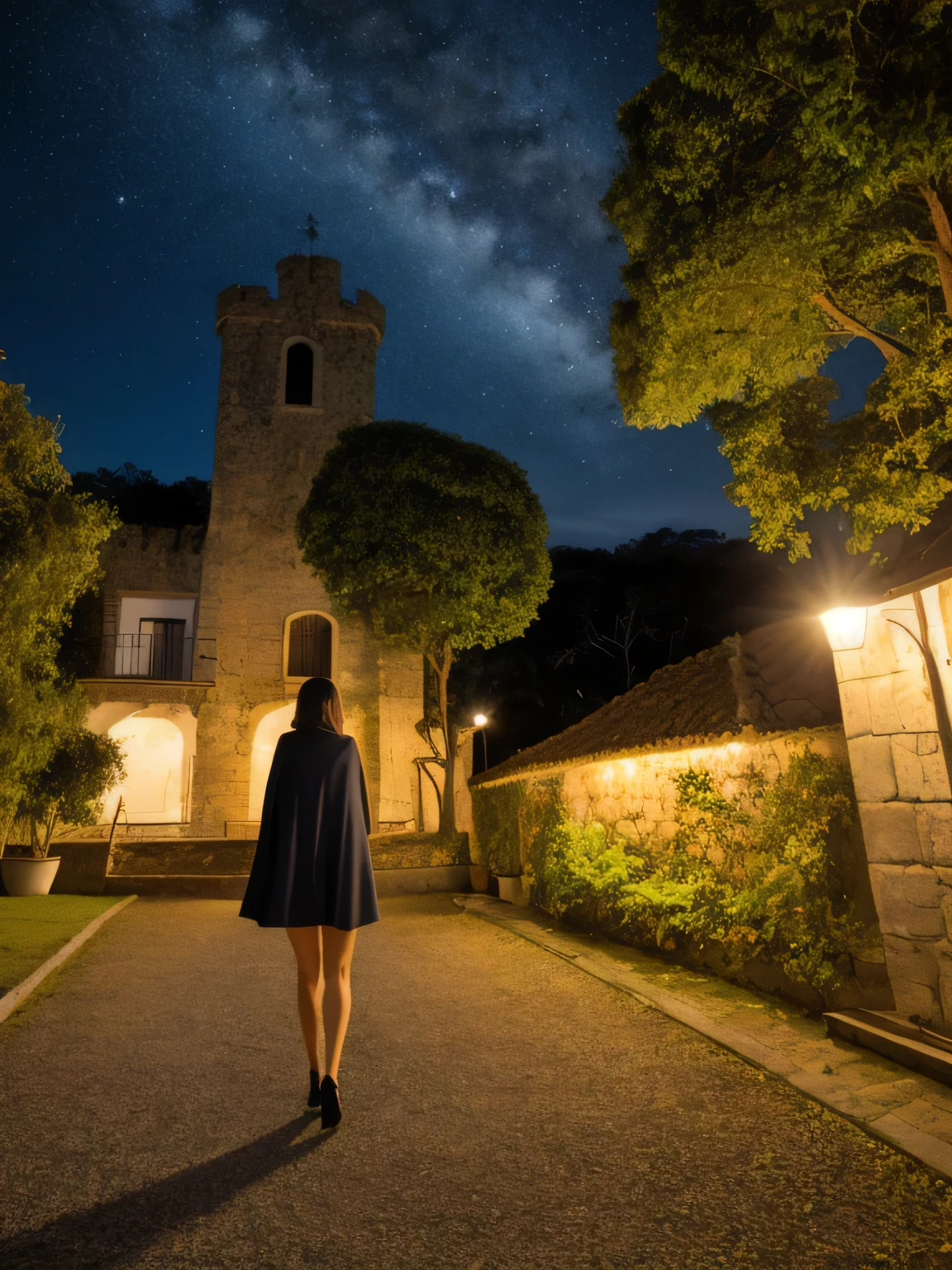 night sky, Castelo, 1 garota, standing, Sozinho, corpo todo, , maribe, mangas curtas bufantes, cape, bolsa