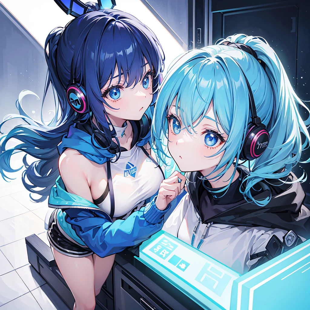 (2 girl), indoor girl, girl wearing a blue hoodie, body, ice blue hair, ponytail, princess curls, exposed shoulders, wearing headphones, shorts, girl listening to music, cute and playful girl, blue eyes, vibrant atmosphere, mouth open, (close-up shot), (masterpiece, best quality, high-resolution, beautiful face, 8K illustrations, detailed background), indoor lighting, Edge light, sparkling, volume light, light particles, warm light, modern, perspective, fashionable, isometric design, symmetrical portrait, (side view: 1.2), (2.5D), with crystal clear sweat on the face, posing, (surprised expression)