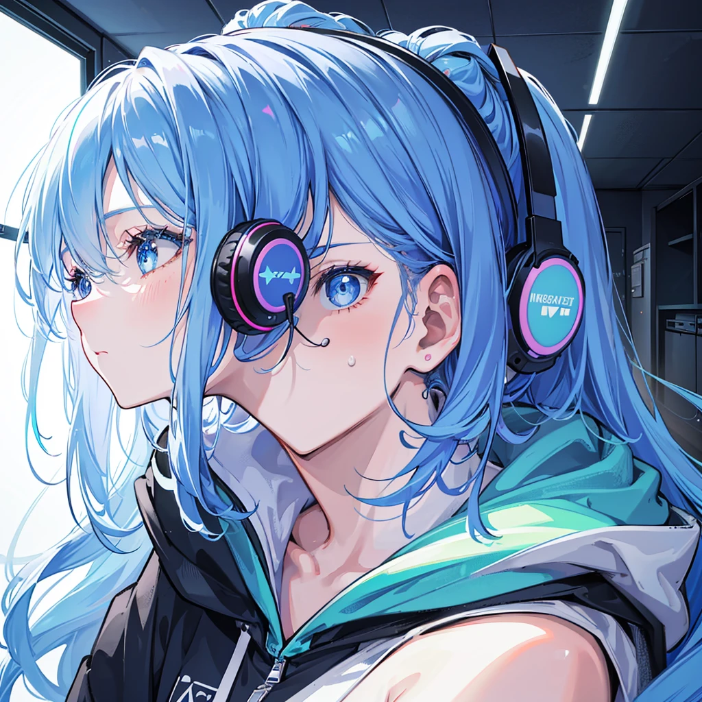 (2 girl), indoor girl, girl wearing a blue hoodie, body, ice blue hair, ponytail, princess curls, exposed shoulders, wearing headphones, shorts, girl listening to music, cute and playful girl, blue eyes, vibrant atmosphere, mouth open, (close-up shot), (masterpiece, best quality, high-resolution, beautiful face, 8K illustrations, detailed background), indoor lighting, Edge light, sparkling, volume light, light particles, warm light, modern, perspective, fashionable, isometric design, symmetrical portrait, (side view: 1.2), (2.5D), with crystal clear sweat on the face, posing, (surprised expression)