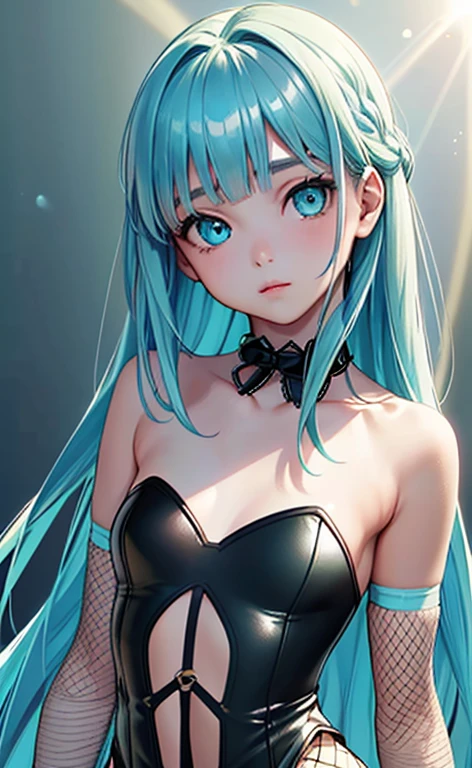 (Photorealistic:1.4)、(:1.5),(masterpiece、lens flare、Exquisite beautiful eye:1.5,portlate:1.5),(),(kind eyes、tareme:1.9),(Close-up of face,face focus1.7)、()、Cute Face、 3D Face、(aqua hair:1.5)、(long hair,:1.2),(sidelock :1.3),(blunt bangs:1.3),(1 lgirl)、(aqua eyes:1.2)、(upper body:1.5)、、(clear face:1.2)、(Fishnet tights:1.3).(),(head tilt) ,(),(flat chest),(),(strapless leotard :1.5),(art background:1.5)、(Detail)、(upper body)、Slim Body(),Shiny Hair、