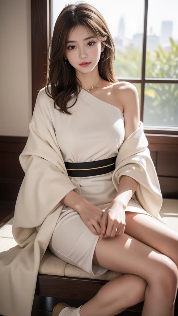 Ultra HD, upscale, first class quality, Super detailed, Reality, 8K, RAW photos, best quality, masterpiece, Attractive girl, pretty girl, Brown hair, Shoulder-Length Layering, Japanese Idol, complicated, fashionable, Women's shirts, Model posing, Wet