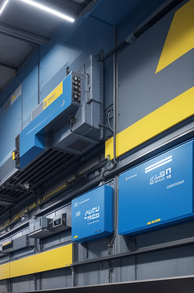 Primary: Usar tons de azul e amarelo. Blue conveys confidence and technology, enquanto o amarelo representa energia e criatividade.
Secondary: Metallic gray details for an industrial and technological touch.