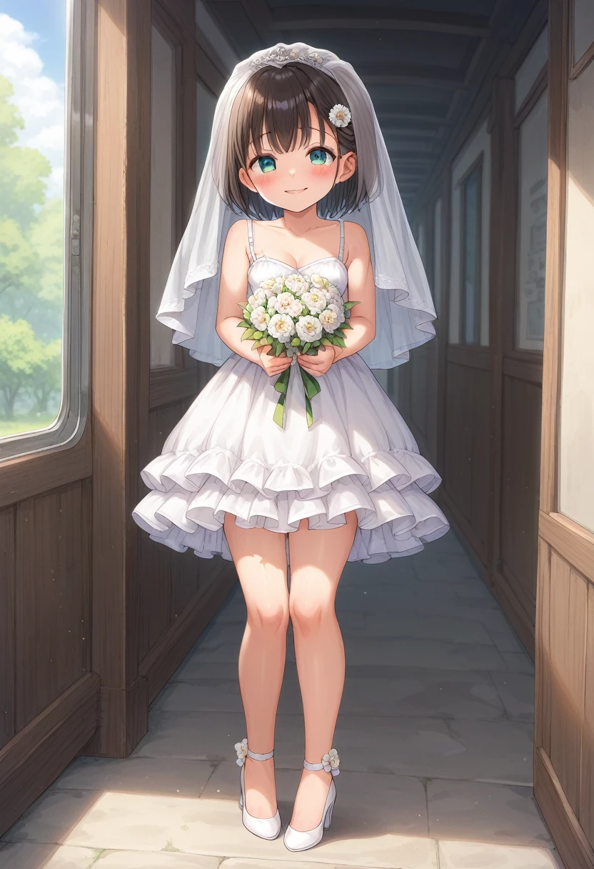1girl,(loli:1.4),(little female child:1.3),mini girl,  baby face,  toddler,6 years old,small breast,(jiggly, skindantation:0.8), ultra cute face,oily skin,(highlight on eyes:1.1),little smile,excessive detailed knees, excessive detailed thighs,
BREAK
(long straight hair:1.5), (chocolatebrown hair:1.4),(aqua eyes:1.1),(Shoulder colorful floral pattern tattoo:1.3),(simple flower pattern tattoo:1.2),embarrassed,
BREAK
(floral hairclip:1.1),(long train wedding dress:1.5),lace, high heel,silk veil, looking up,hand holding white flower bouquet,exposed shoulders,dutch angle,rating_explicit,
BREAK
(indoors:1.3),In a secluded setting, surrounded by a dense forest, the bog lay hidden like a secret gem, its misty surface whispering tales of ancient times,full body,dynamicangle,dynamicpose,