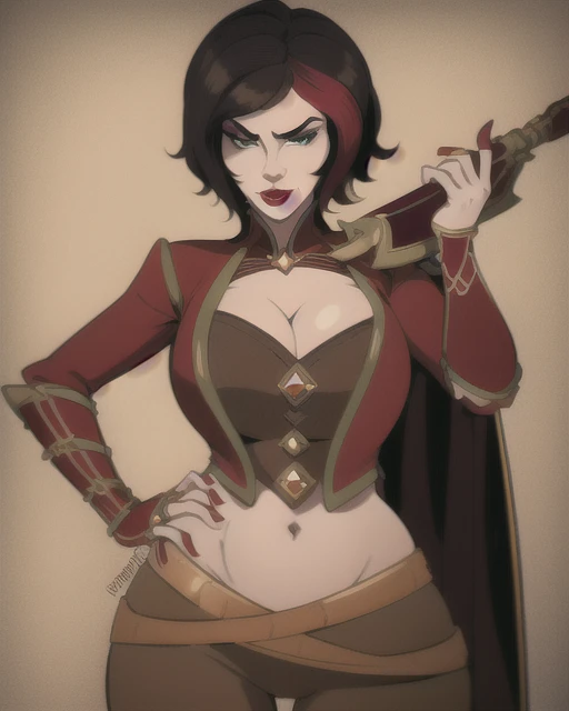 Vivian, short black hair, streaked red hair,lips, mole under mouth,lipstick ,makeup,green eyes, standing, hands on hips,  close up
VivAtt,brown pants,cleavage cutout,shoulder armor ,cape ,midriff ,nail polish ,
pirate ship, sea, 
(insanely detailed, beautiful detailed face, masterpiece, best quality)
 