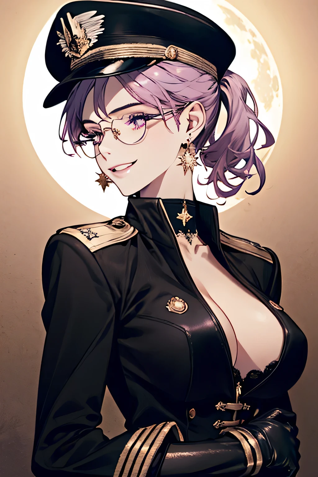 ( Detailed Description, High resolution,8k wallpaper,, masterpiece,Highest quality,Depth of region),Chest and face shot. Beautiful young woman、so beautiful、Anatomically accurate depiction,ponytail,Light purple hair,Facial details、Glasses、Gold earrings in the ears,(Provocative smile),(She is wearing a black military cap..,Black military jacket、Black Leather Gloves)、(Big Breasts)、Cleavage,Precisely drawn hands. Full moon in the background,night,building.