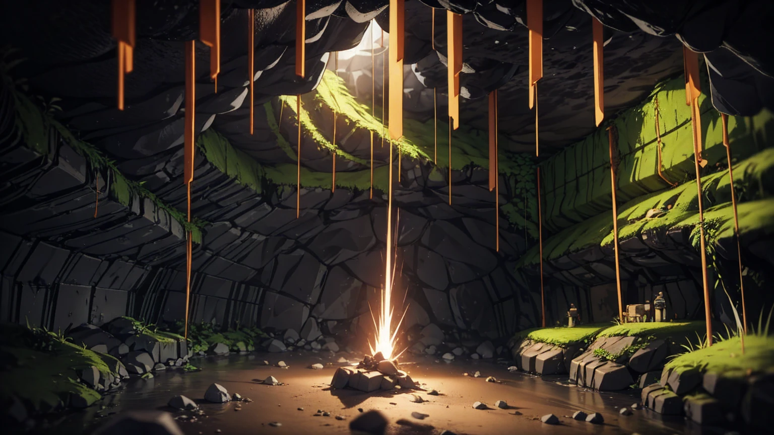 Empty invisible underground cave background,masterpiece,game CG,anime,Unmanned, no human,background,,,Soil, rock surface, indoor.((dark)).Torch