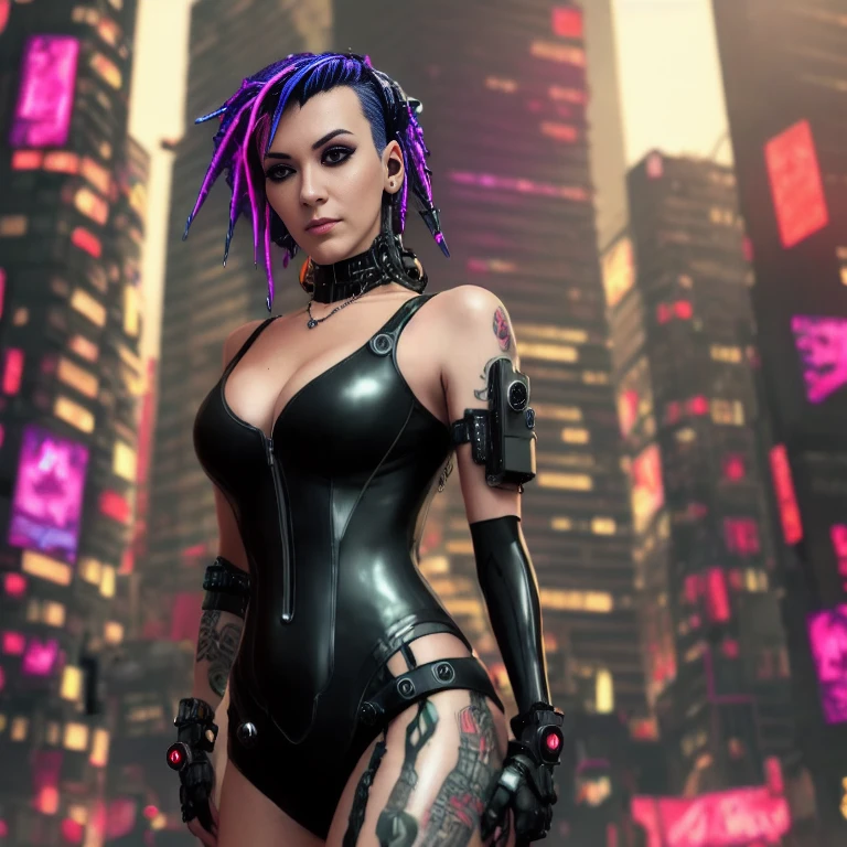 a close up of a woman in a wetsuit posing for a picture, super villain, park black leather costume, full-cosplay, cosplay, dressed in black leather, leather body suit, wearing atsuko kudo latex outfit, professional cosplay, villainess, wearing black latex outfit, cleavage, necklace, (cyberpunk city background:1.5)