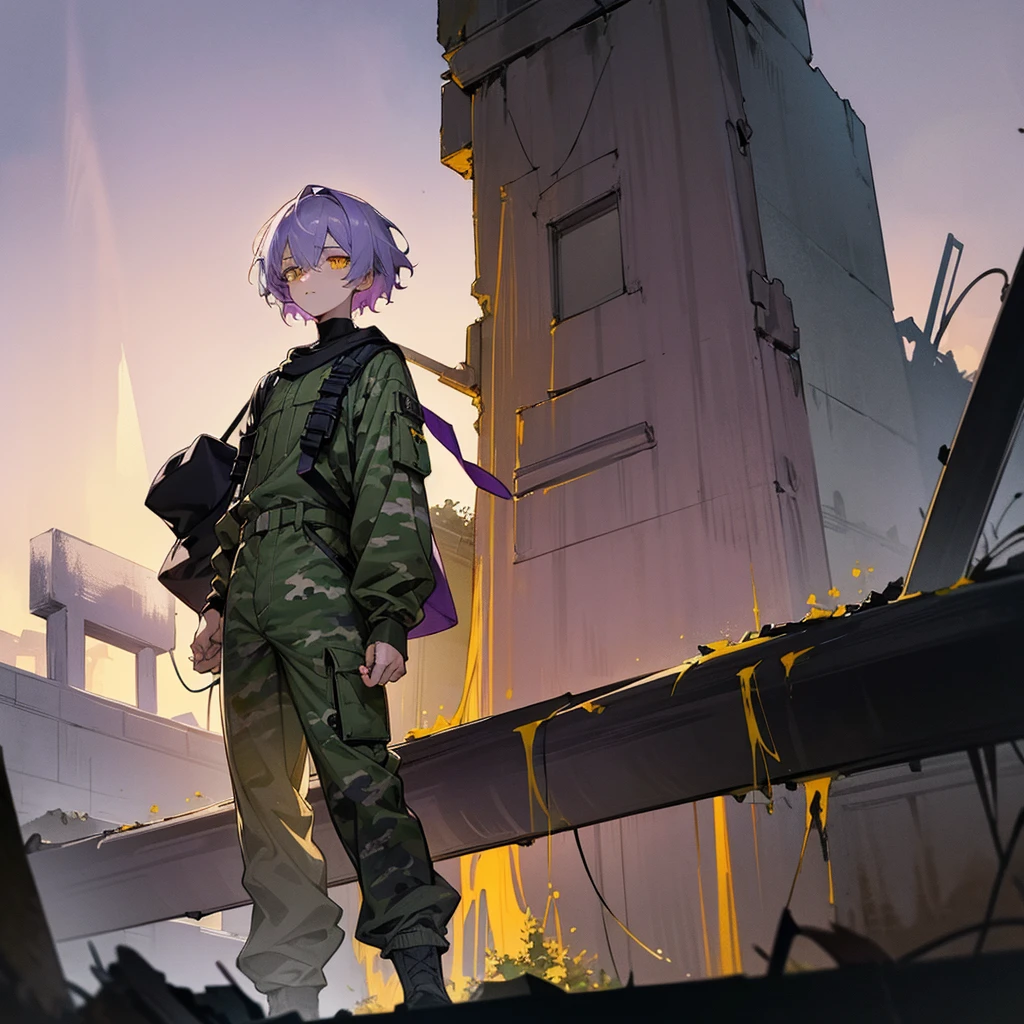 1male, adult, finely detailed yellow eyes, pale purple hair, wavy short hair, combat camo pants, standing on ruined building, night time, tired expression, black baggy eyes,