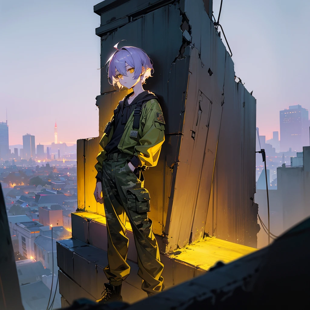 1male, young adult, finely detailed yellow eyes, pale purple hair, wavy short hair, combat camo pants, standing on ruined building, night time, tired expression, black baggy eyes,