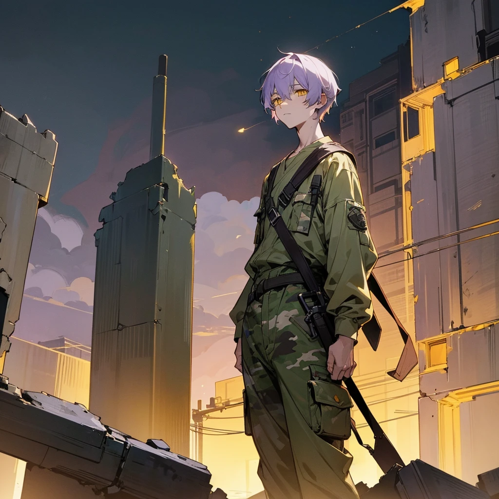 1male, young adult, finely detailed yellow eyes, pale purple hair, wavy short hair, combat camo pants, standing on ruined building, night time, tired expression, black baggy eyes,