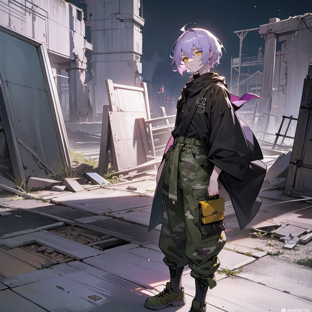 1male, young adult, finely detailed yellow eyes, pale purple hair, wavy short hair, combat camo pants, standing on ruined building, night time, tired expression, black baggy eyes,