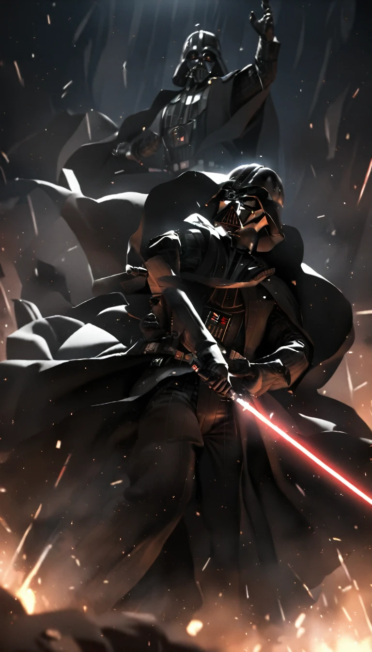 Darth vader slaying Luke Skywalker with light saber