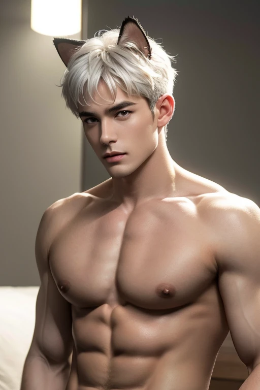 4k, high resolution, best quality, masterpiece, perfect color, perfect shade, perfect lighting, Posted by e621, ((portrait)), ((handsome man)), perfect male figure, Short hair details,chest muscles,abdominal muscles,Naked torso,Detailed face, perfect face, (stood up), Detailed background, ((Bonifasco Lighting)), (delicate cat eyes),(animal ears cat),white hair