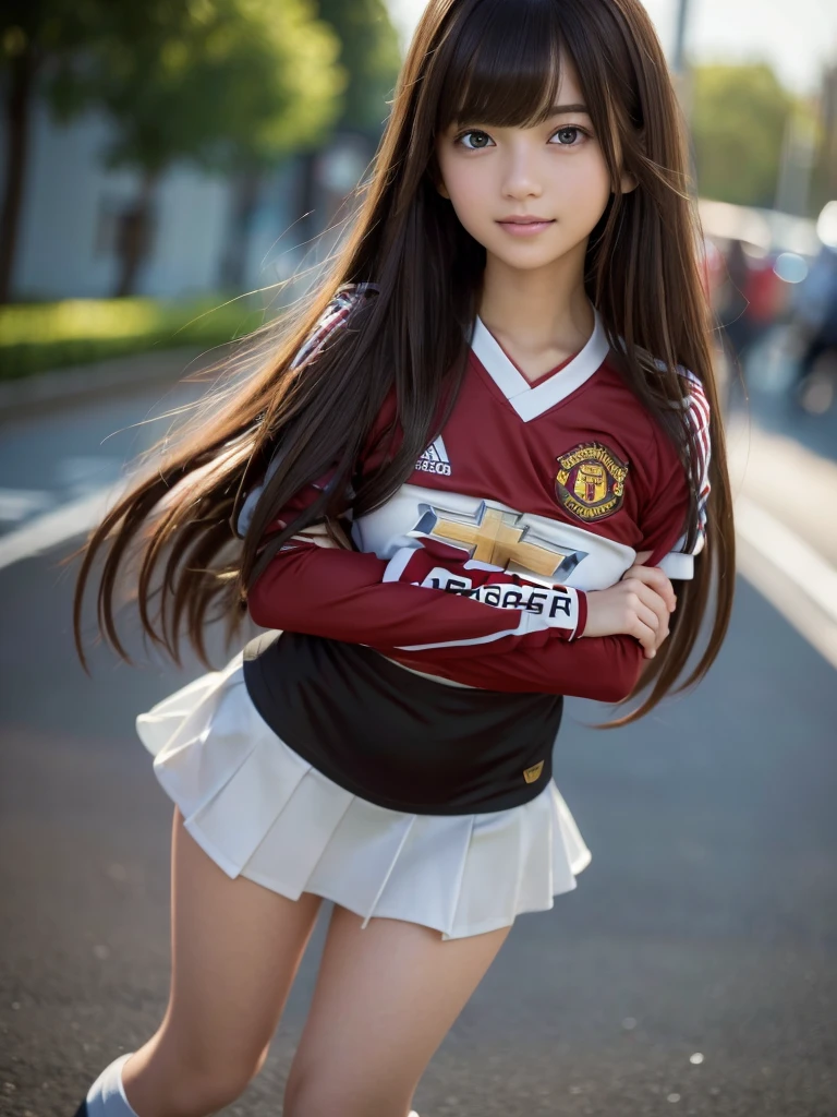 (8k, RAW Photos, Highest quality, masterpiece:1.2), (Realistic, photo-Realistic:1.4), (Highly detailed 8K wallpapers), ((Full Body Shot)), (1 girl), Sharp focus, Depth of written boundary, Cinematic lighting, Soft Light, 緻密な美しさのeye, eye_Chan, Very beautiful 17 year old girl, innocent big eyes, Realistic, photo Realistic, Highly detailed cute girl, (Thin thighs), (Model Body Type), 18-year-old, (((manchester united soccer jersey))), ((Micro Mini Tight Skirt)), (((Fold your arms in front of your chest and act arrogantly))), ((A happy smile)), Parted lips, Watching the audience, (On the streets of Britain) , (Brown Hair),(Long Bob Hair), (Asymmetrical bangs)