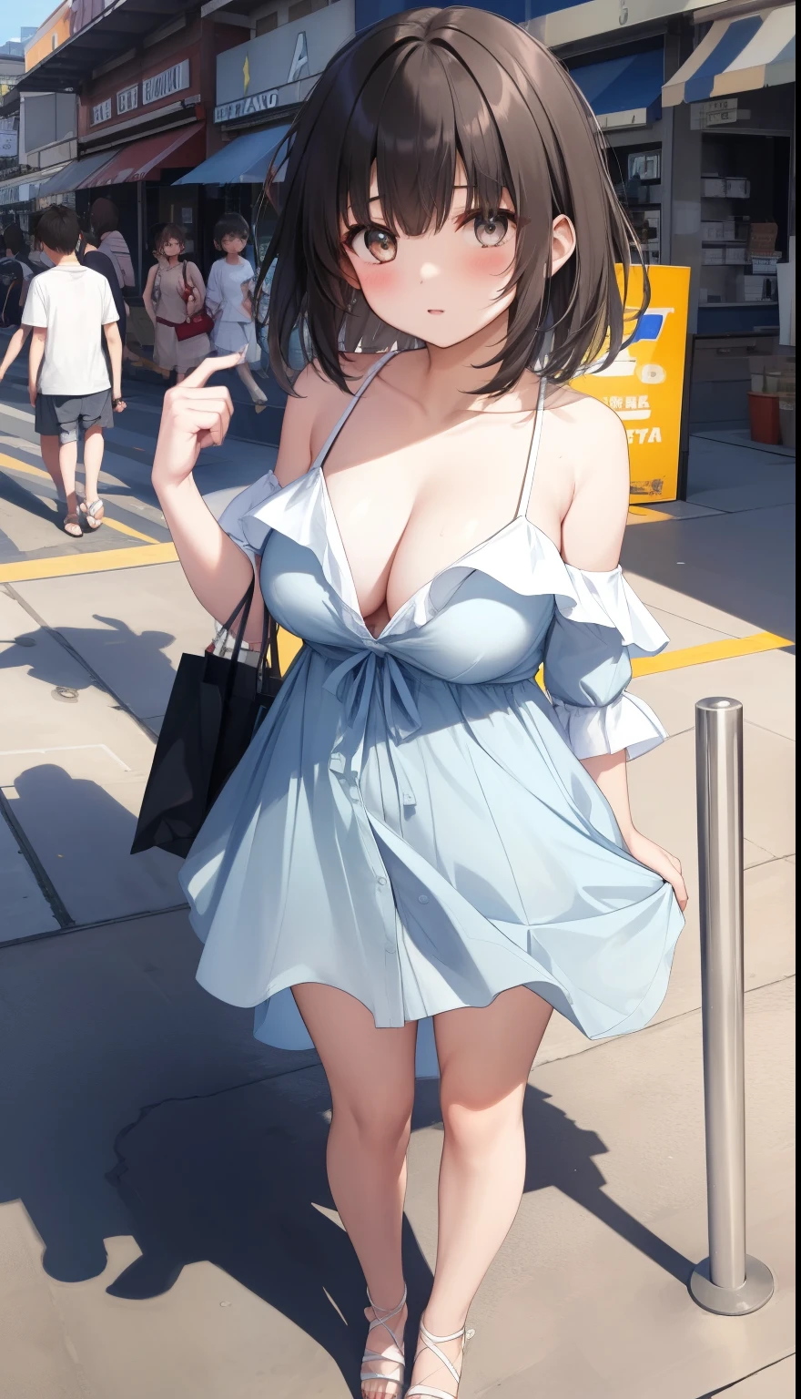 One Girl、positive、Standing posture、Full body portrait、Black Hair、Medium Haircut、blush、Absolute area、No panties、No bra、barefoot、Light blue dress、Off-the-shoulder dress、(Very large breasts)、Cleavage、((Lesbians around the world))、masterpiece、(highest quality) 、Shirt buttons fly off、Unbutton your shirt、Exposing the breasts、In town、Date、Shopping Street、White Sandals、Detailed female genital shape、Bare your breasts、Showing nipples