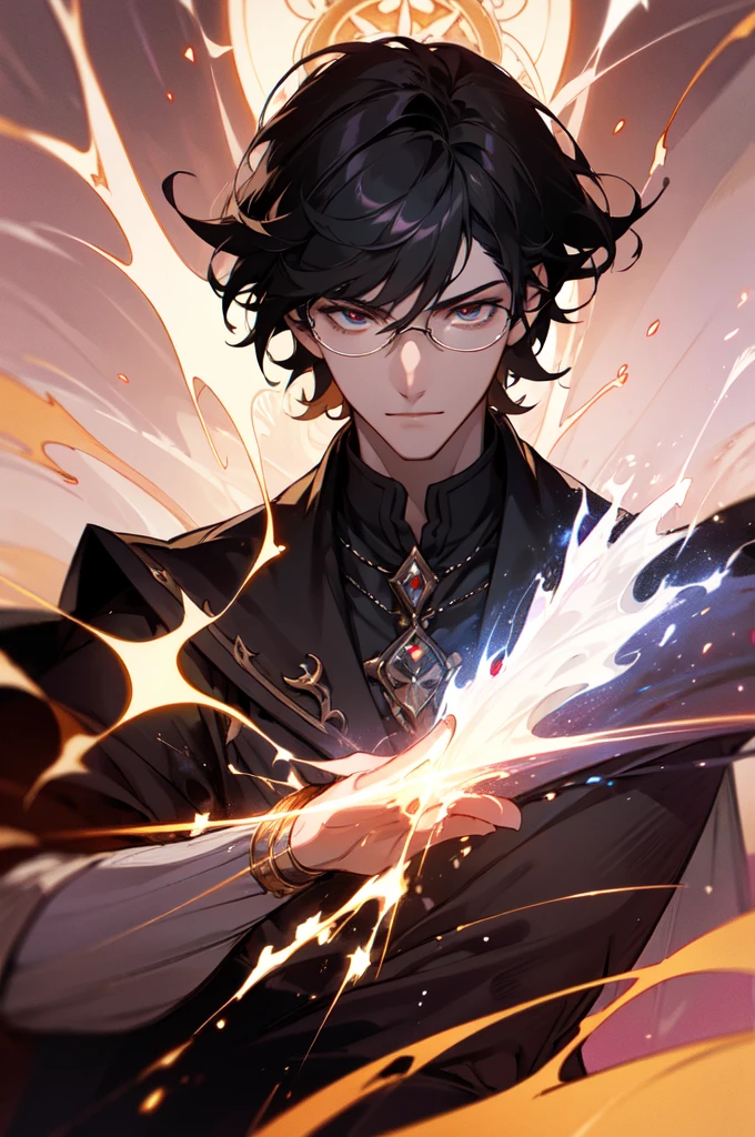 masterpiece, best quality, 1 male, young, tall muscular, handsome, finely detailed eyes, intricate details, black hair, short hair, smile, solo, upper body, detailed background, detailed face, good sorcerer, color magical robes, determined expression, white color scheme, dark crimson light, glowing magical runes, realistic lighting, floating particles, sparks, surrounded by gold lightning red arcane symbols, corrupted by eldritch power, bloom, glasses