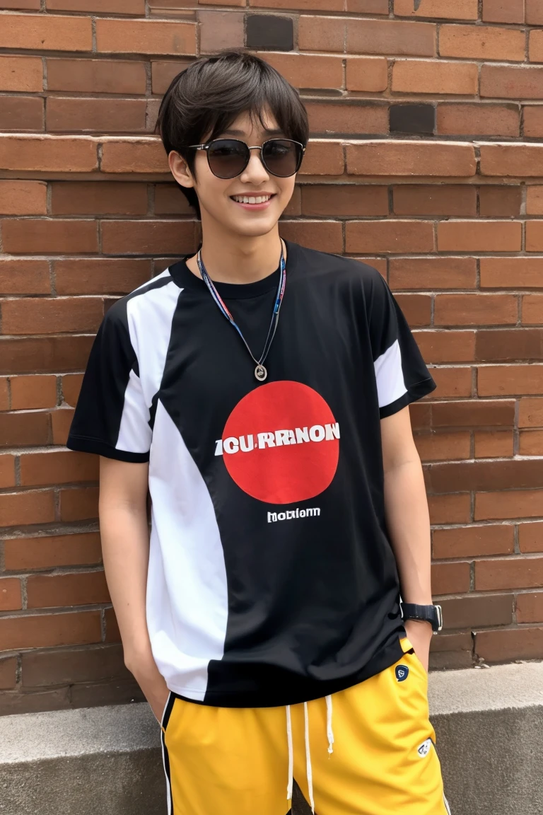 20-year-old,Japanese men,sunglasses,Short Hair,Sportsman Style,Black T-shirt,Height: 175 cm,smile,Sunburn,