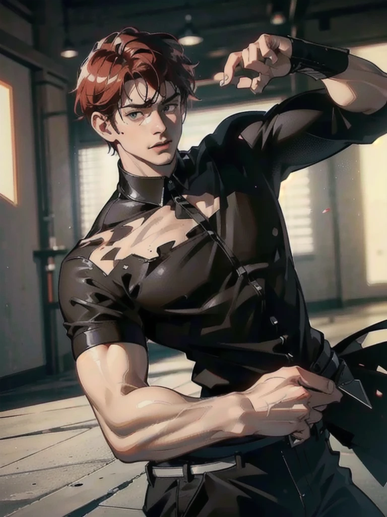 a 40 year old man ((red short hair:1.0)), grey eyes, moles all over the face, wearing an official uniform, masculinity, teacher, (best quality,4k,8k,highres,masterpiece:1.2),ultra-detailed,(realistic,photorealistic,photo-realistic:1.37),cinematic lighting,highly detailed face and body,sharp focus,vivid colors,anime style