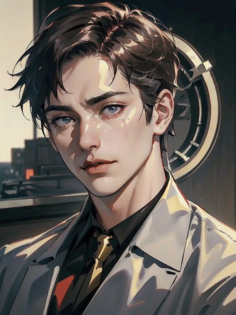 a 40 year old man ((red short hair:1.0)), grey eyes, moles all over the face, wearing an official uniform, masculinity, teacher, (best quality,4k,8k,highres,masterpiece:1.2),ultra-detailed,(realistic,photorealistic,photo-realistic:1.37),cinematic lighting,highly detailed face and body,sharp focus,vivid colors,anime style