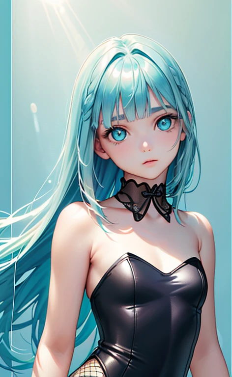 (Photorealistic:1.4)、(16-year-old:1.5),(masterpiece、lens flare、Exquisite beautiful eye:1.5,portlate:1.5),(),(kind eyes、tareme:1.9),(Close-up of face,face focus1.7)、()、Cute Face、 3D Face、(aqua hair:1.5)、(long hair,:1.2),(sidelock :1.3),(blunt bangs:1.3),(1 lgirl)、(aqua eyes:1.2)、(upper body:1.5)、、(smile:1.2)、(Fishnet tights:1.3).(),(head tilt) ,(),(flat chest),(),(strapless leotard :1.5),(art background:1.5)、(Detail)、(upper body)、Slim Body(),Shiny Hair、