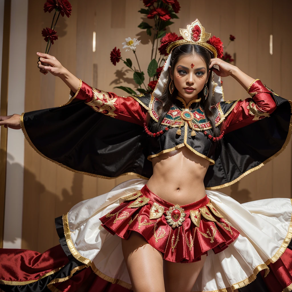 a beautiful girl dancing in Oruro, traditional Bolvian dance, Oruro. She wears an elaborate Diablada outfit: black cape with red, white jacket-front decorated with sequins and gold glitter flower designs, (red petticoat) red skirt with gold decorations. Elegant long white gloves. Red boots adorned with flower designs. Diablada Mask. (Bolivian Dance), Seductive body, blonde, blue eyes.