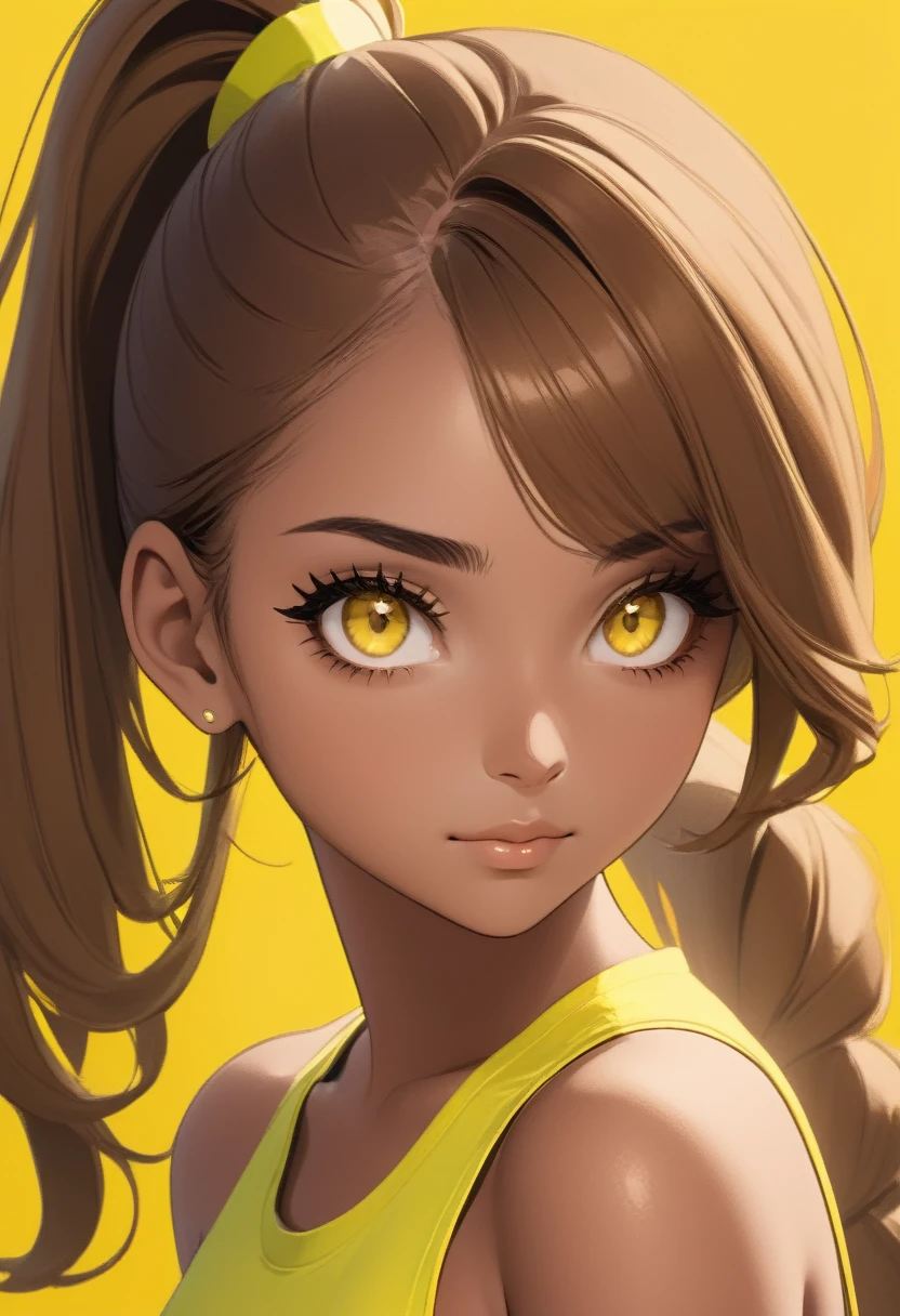 photo of Miruka sowt, 18 year old Brazilian woman, attractive proportional body, light skin, brown hair, detailed ponytail hairstyle, bright yellow eyes with detailed long eyelashes, detailed high resolution face photo. various angles