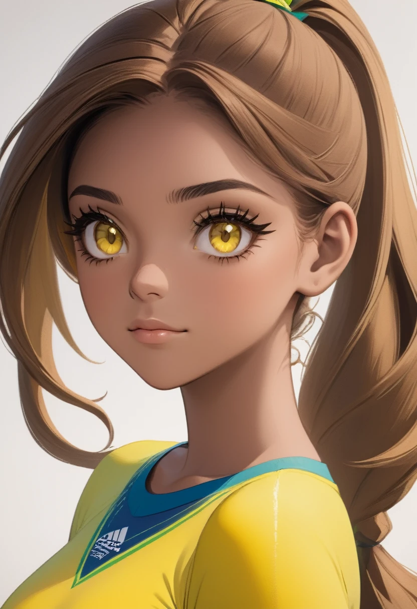 photo of Miruka sowt, 18 year old Brazilian woman, attractive proportional body, light skin, brown hair, detailed ponytail hairstyle, bright yellow eyes with detailed long eyelashes, detailed high resolution face photo. various angles