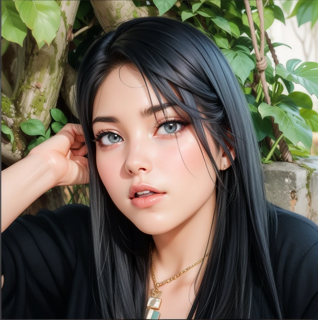 beautiful woman, brunette, black hair, sensual look, beautiful mouth, wearing pendant around her neck, in the park