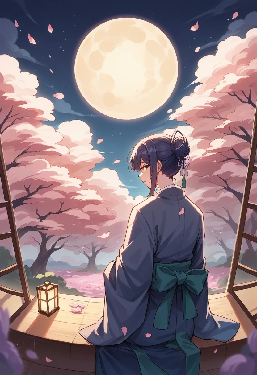 "Create an anime-style illustration featuring a serene night scene with a large, glowing full moon in the background. A character dressed in traditional Japanese attire, specifically a kimono, is shown floating or ascending towards the moon. The character has a calm and contemplative expression, with their arms slightly raised. Surrounding the scene are cherry blossom trees with pink petals gently falling. Lanterns hanging from above add a warm, soft glow to the scene. The sky is filled with soft clouds, and the overall atmosphere is peaceful and magical."