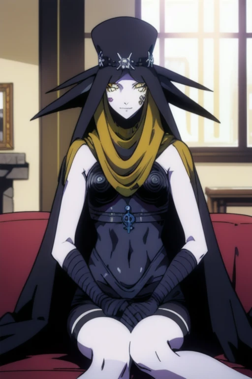 Masterpiece, best quality, Scathach, solo, female1, shin megami tensei, cape hat, black cape, flower tattoo, gloves, white skin, (yellow eyes 1.1), flowing, sitting, shirt, smile, couch, living room