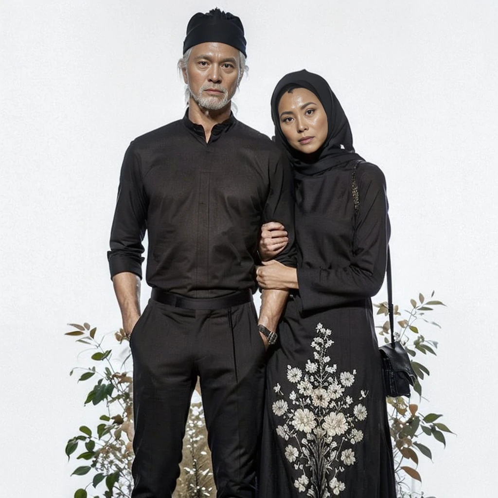 1man wearing black shirt, black kopiah, 1woman wearing dress and hijab, extreme quality, Cg unity 8k, super delicate, background blur, full depth of field, HDR high dynamics, real restoration, intricate and extreme details, perfectly presenting the style of midjourney art. realistic, elegant, goddess, surrealism, high detail, supremacy, cinematic lighting, ray tracing, shadow, uhd, retina, masterpiece, ccurate, anatomically correct, textured skin, super detail, high detail, high quality, high quality, award-winning, best quality, high resolution, 1080P, 16k, 8k, 4K, HD