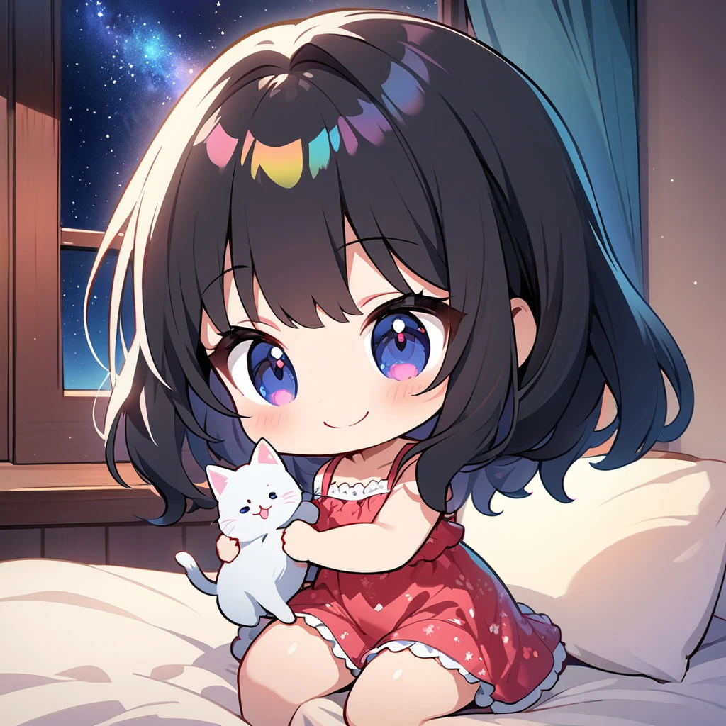 masterpiece、Highest quality、Depth of subject、２D illustration、1 beautiful girl、solo, (((chibi style)))、cute chibi, lovely chibi, ((night)), ((window)), ((starry sky)), Long, beautiful hair、Shiny black hair、cute、Beautifully detailed eyeini skirt))、((colorful))、Camisole dress、((happy smile))、sitting on bed, ((close up shot))、((Holding a kitten)), ((in the room))、((There's a lot of pink around))、((bed))、Thighs、((vivid color))、sparkle、((Lens flare))、
