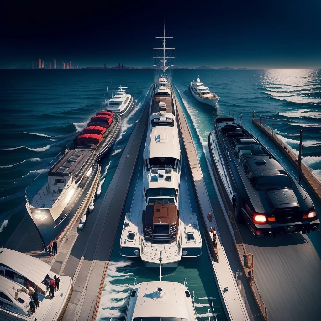 there are many cars on a boat with a lot of people standing on it, style of gta v, gta 6 style, high quality picture, gta5 style, gta v style, gta loading screen, grand theft auto style, gta vi, gta 5 loading screen, gta 6, edited, full team, bored ape yacht club, gta, official artwork
