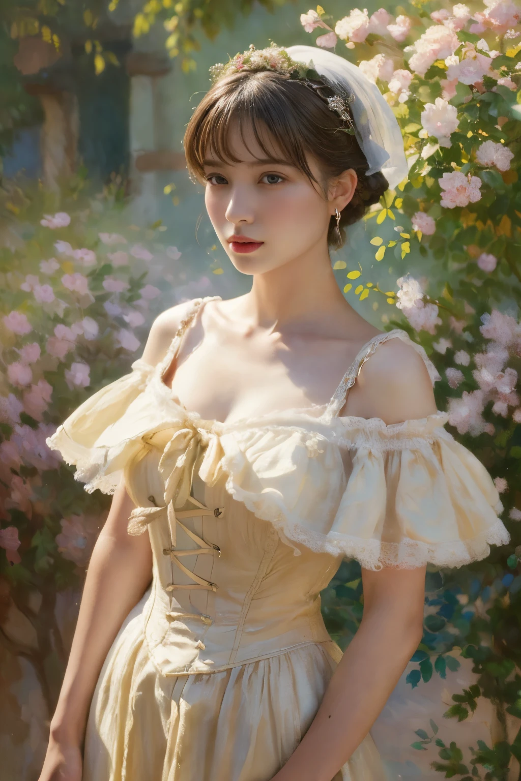 
((masterpiece:1.4, Highest quality)), (Realistic photos:1.4), 
((1 girl)), (Otherworldly beauty), (dream-like),
(超High resolution:1.2), Very delicate and beautiful, wonderful, Very detailedな CG Unity 8k 壁紙, Very detailed, High resolution, 
Soft Light, Beautiful detailed girl, Very detailedな目と顔, Beautiful and detailed nose, Beautiful and detailed, 
(Dressed in late 19th century French costume:1.3),
Cinema Lighting, Perfect Anatomy, Slender body, (Parted bangs),
(The world of impressionist paintings:1.5), (Impressionist light and colour), 
Cowboy Shot