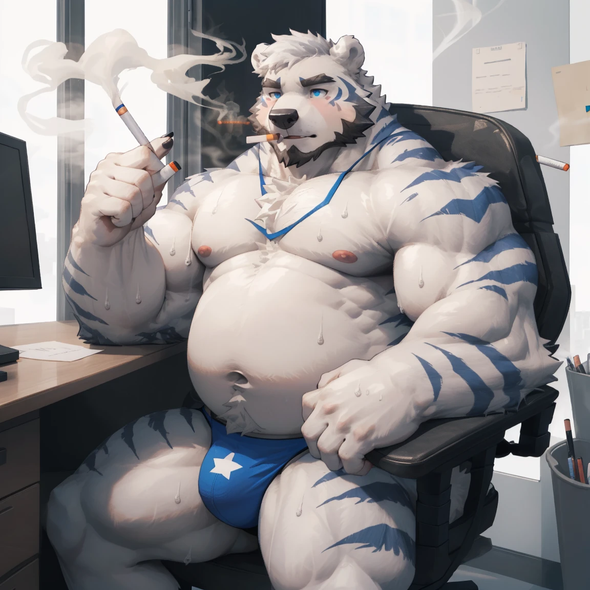 masterpiece, best quality, 8k resolution, Very detailed, hairy,(((polar bear)),(((blue eyes))),(((Mature))),(((beard))),(((Strong))),(((White hair all over body))),portrait,(((White hair))),(((body blue stripes))),(((office))),For the audience,(((Shirtless))),Highest quality scene,Solitary,solitary,(((whole body))),(((Sweating))),(((sit on the chair))),(((Desk))),(((Shirtless))),((Fat-enclosed muscle)),(((thong))),((Blushing)),(((Round face))),(((alone))),(((Strong body))),(((Hip bulge))),(((Holding a cigarette))),(((Hug chest)))