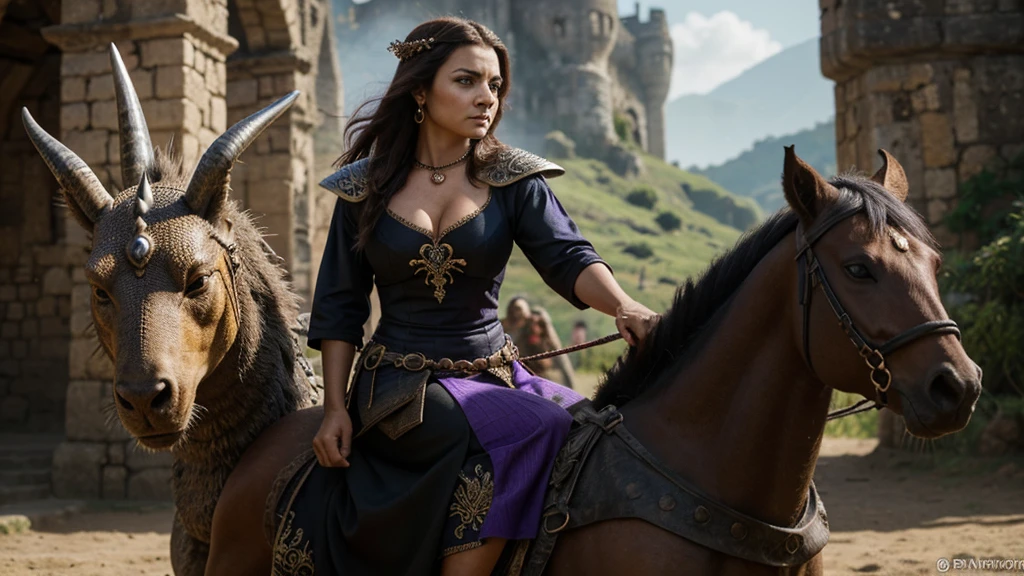 mulher, pele branca, olhos azuis, cabelos brancos, usando um vestido medieval vermelhos com detalhes pretos, wearing a necklace with a small dragon. the woman is riding on a female dragon of black color and purple eyes. she has a hateful look. she is in a fight against Aemond Targaryen and Vhagar