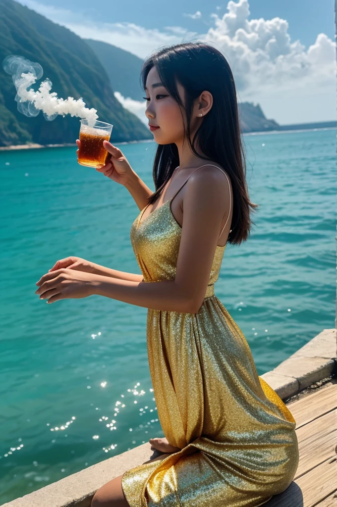 Picture of full bodll beautiful Mai Mai girl dressed in a dress. Wa Ya Nam sits and drinks nectar by the sea. The picture is extremely clear. The picture is dynamic. The light shines with scary floating smoke in the background. The light shines and sparkles./Glitter, highest clarity 