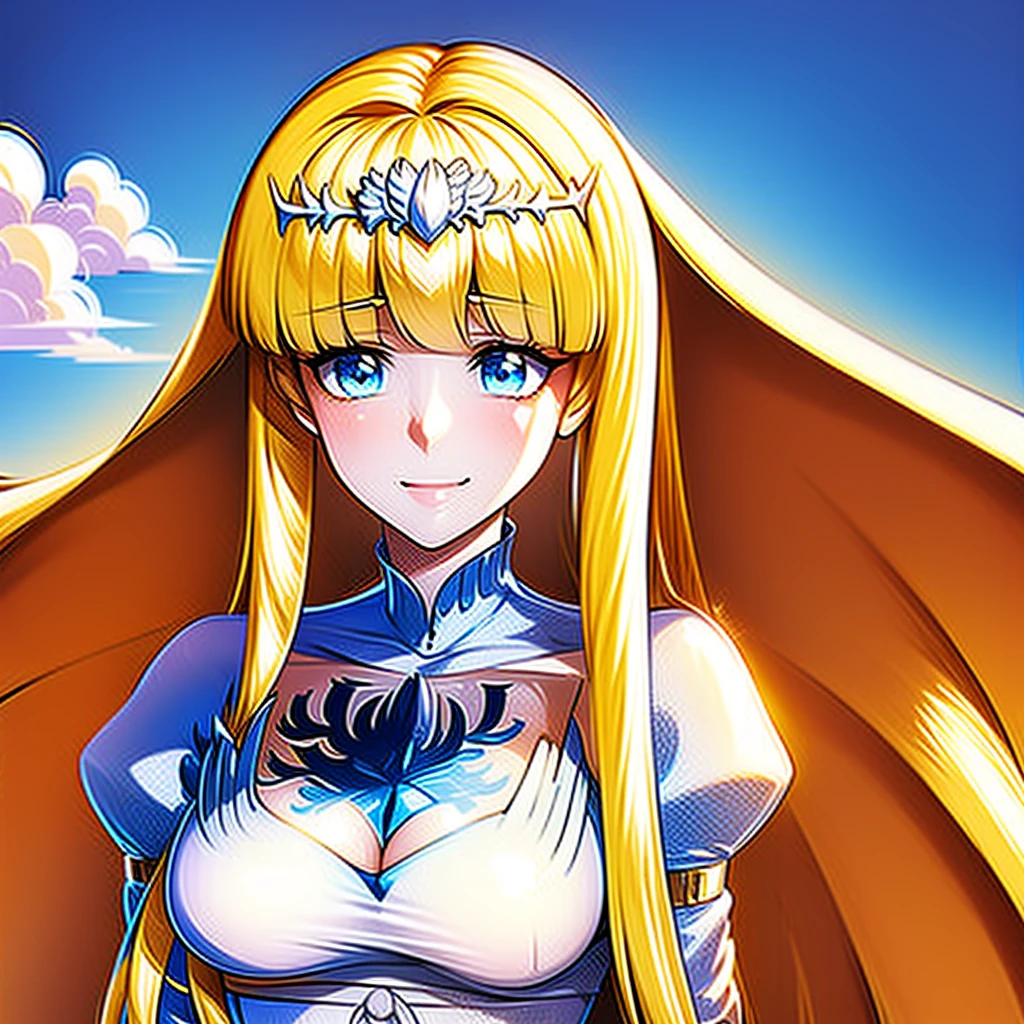 A pretty beautiful lady, , l, looking at you flirtly and smugly smile, upper body, 1girl, solo, Calca, Calca Bessarez, blonde hair, (extremely long hair:1.3), very long hair, white tiara, white dress, blue eyes, medium chest, extremely long hair, medium breast,
