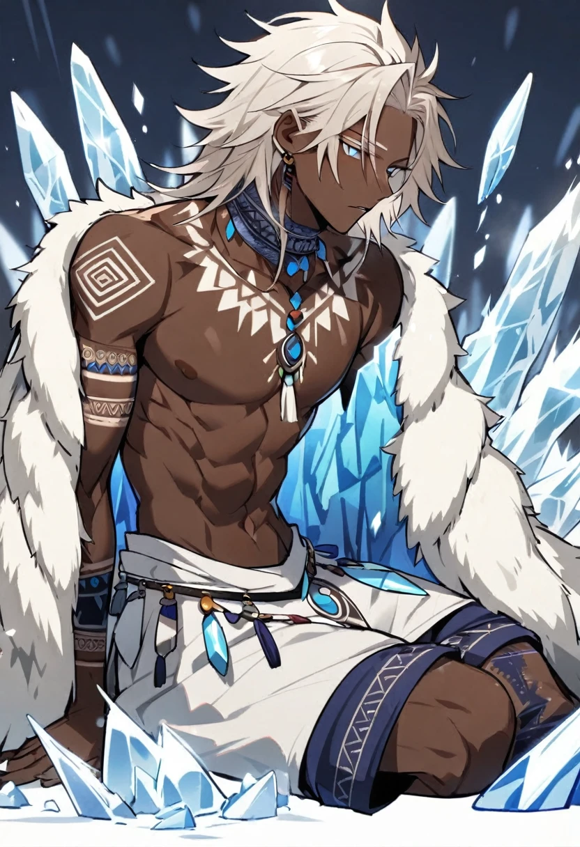 Handsome, solo, 1 male, African man,(((brown skin))), ((short wild true white hair)),  indigo eyes, no shirt, large shorts, tattoed indigo tribal , ((white lion cloak)), cold posture, ice power