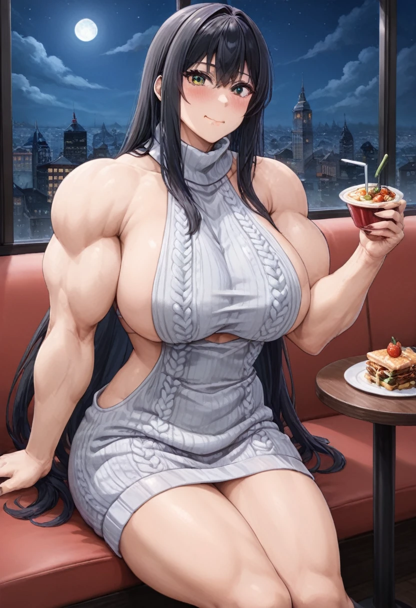 Big woman, nervous, in tight clothes, embarrassed to be seen, very tall, broad shoulders, long black hair, virgin killer sweater, muscular, tone body, sitting in a high end restaurant, date night, eating at night time, romantic dinner,