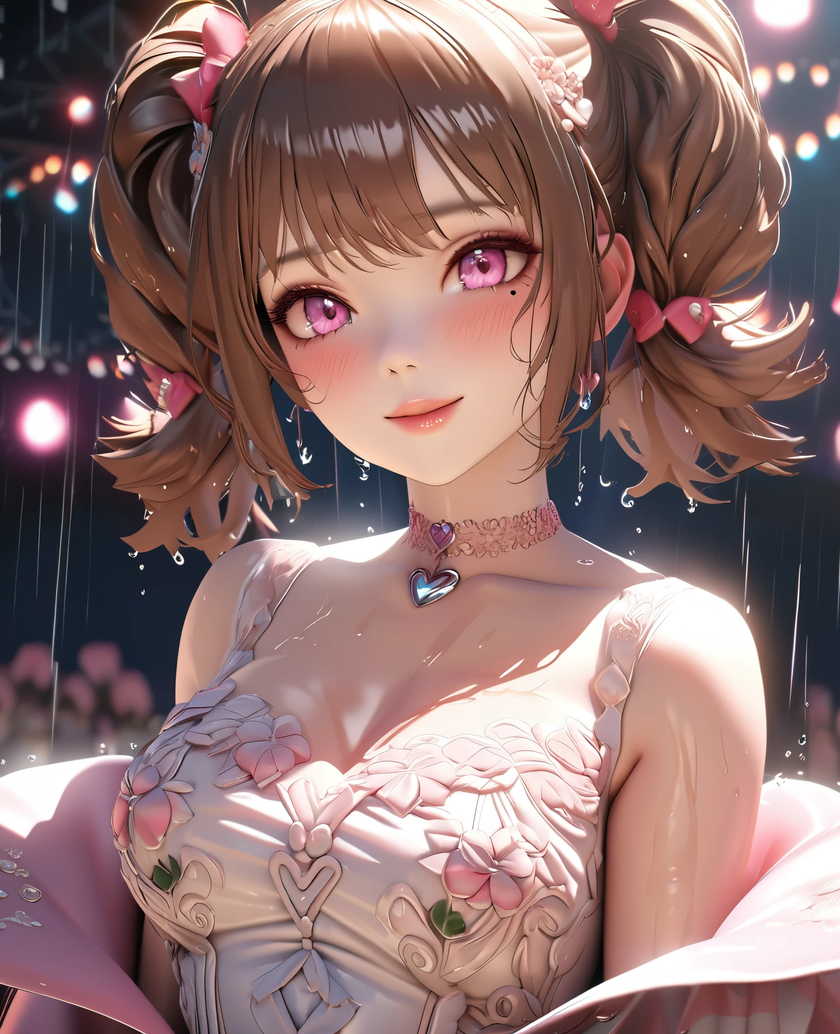 one girl, staring at the audience, beautiful pink eyes, brown hair in short twin tails, mole under eye, plump glossy lips, heart shaped choker, idol, her name is Mei, smiling, . . . 3D, realistic, idol's costume was drenched in heavy rain, her chest was wet and see-through, heavy rain at outdoor concert, draped clothes, jewelry and decorations removed, floral patterns, lace trim, glittering on stage, masterpiece, best quality, 8k, detailed skin texture, detailed fabric texture, beautifully detailed face, intricate details, highly detailed, ultra high resolution, 8k Ultra HD, film grain, best shadows, delicate, staring at the audience, front