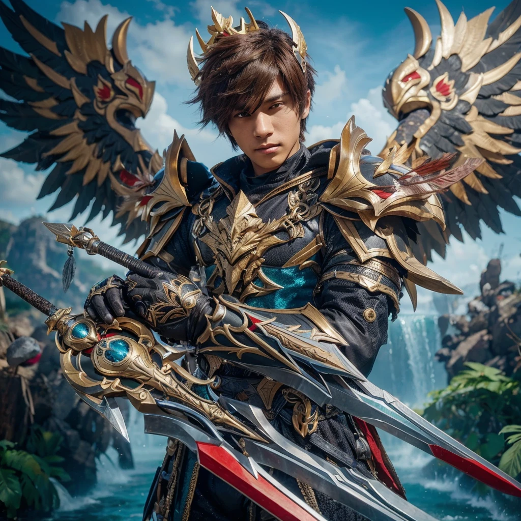 a young man cosplay like Lapu-Lapu from the Mobile Legend Game, wearing special force skin, holding dual blade, posing like actived skill, kingdom background, intricate costume details, intricate background details, extremely detailed