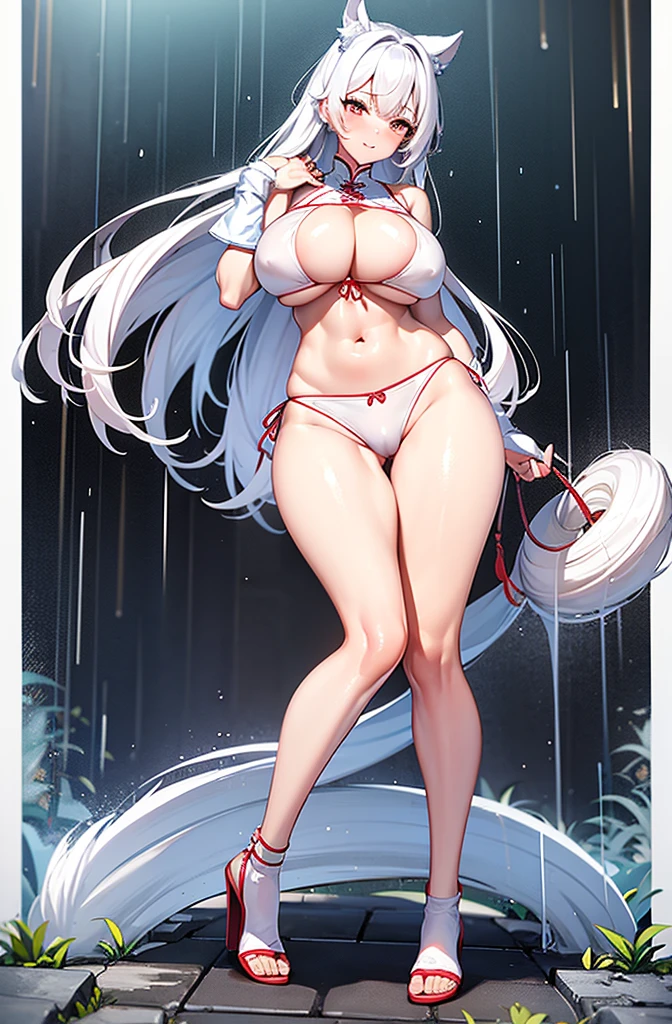 Chinese style beauty,White transparent bikini,Sexy Girl,Blushing shyness,Random hair,Huge breasts,Huge ass,Rain,foot
