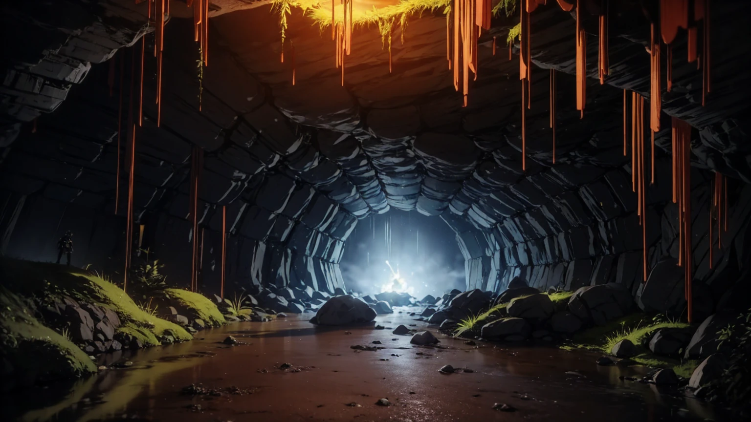 Empty invisible underground cave background,masterpiece,game CG,anime,Unmanned, no human,background,,,Soil, rock surface, indoor.((dark)).Torch