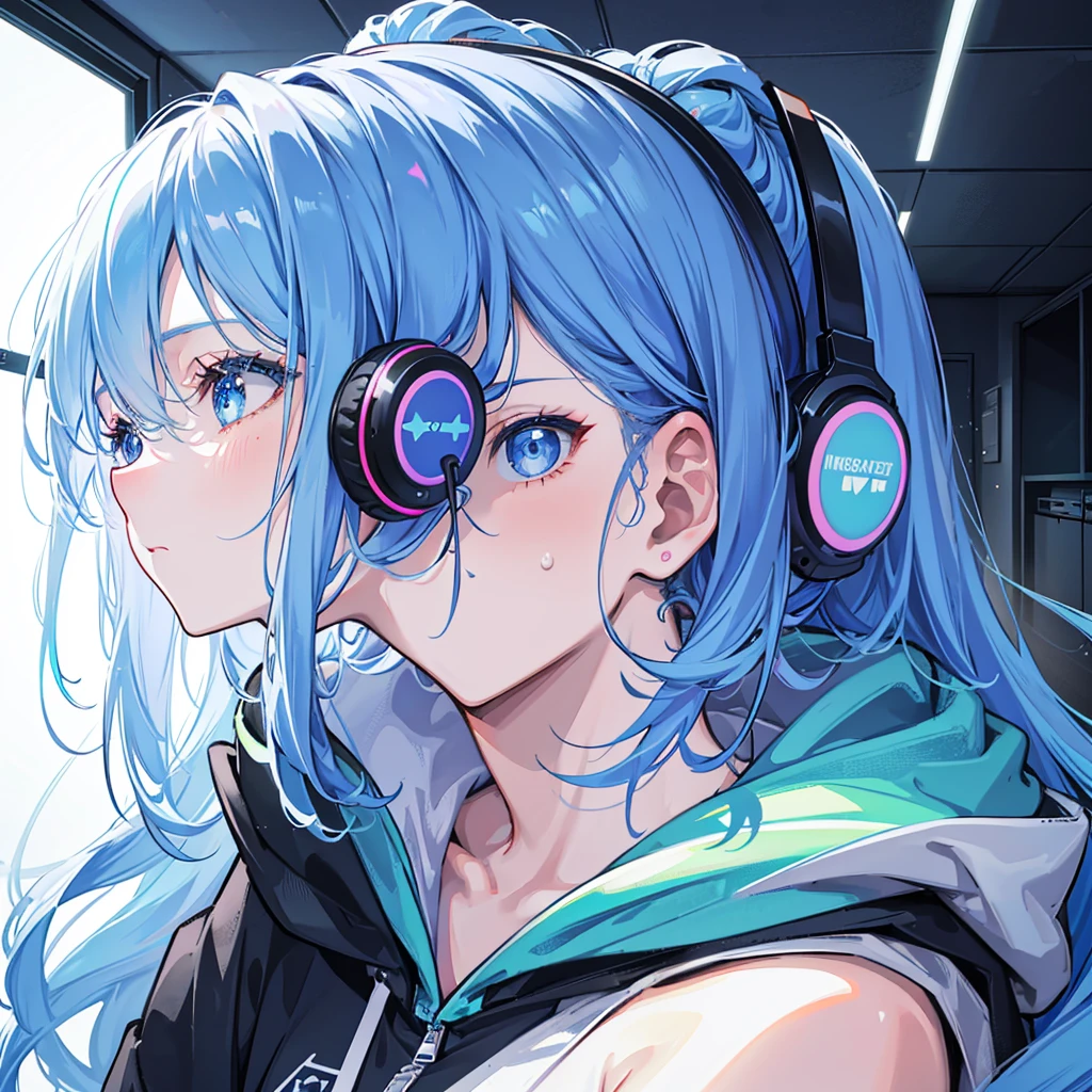 (2 girl), indoor girl, girl wearing a blue hoodie, body, ice blue hair, ponytail, princess curls, exposed shoulders, wearing headphones, shorts, girl listening to music, cute and playful girl, blue eyes, vibrant atmosphere, mouth open, (close-up shot), (masterpiece, best quality, high-resolution, beautiful face, 8K illustrations, detailed background), indoor lighting, Edge light, sparkling, volume light, light particles, warm light, modern, perspective, fashionable, isometric design, symmetrical portrait, (side view: 1.2), (2.5D), with crystal clear sweat on the face, posing, (surprised expression)