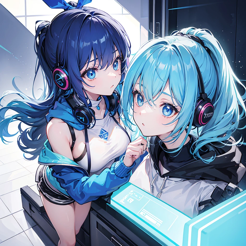 (2 girl), indoor girl, girl wearing a blue hoodie, body, ice blue hair, ponytail, princess curls, exposed shoulders, wearing headphones, shorts, girl listening to music, cute and playful girl, blue eyes, vibrant atmosphere, mouth open, (close-up shot), (masterpiece, best quality, high-resolution, beautiful face, 8K illustrations, detailed background), indoor lighting, Edge light, sparkling, volume light, light particles, warm light, modern, perspective, fashionable, isometric design, symmetrical portrait, (side view: 1.2), (2.5D), with crystal clear sweat on the face, posing, (surprised expression)